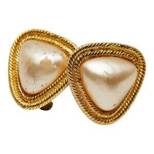 Chanel Vintage Triangle Earrings Gold White Plated Faux Pearl